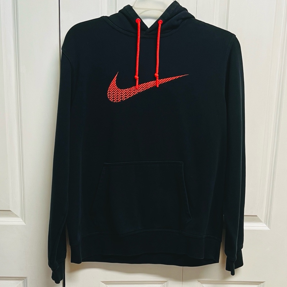 Nike Black Pullover Hoodie with Orange Swoosh and Red Drawstrings Size L